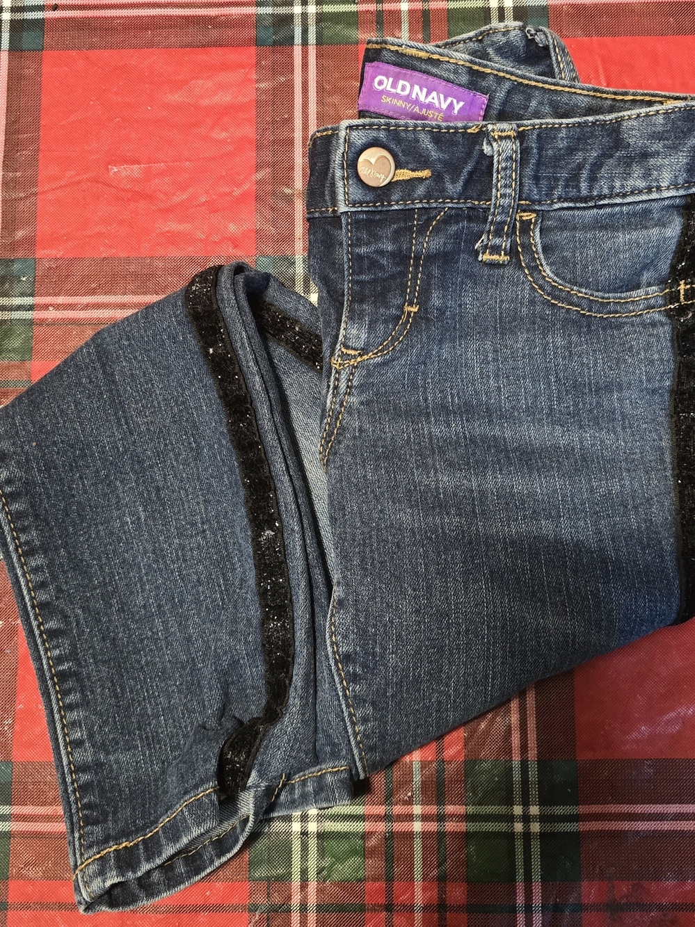 Old Navy Girls Dark Blue Skinny Jeans with Black Sparkle Side Trim